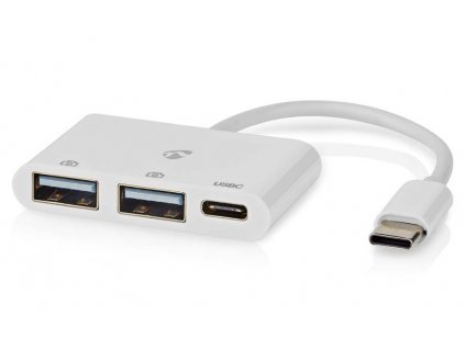 NEDIS USB hub/ 1x zástrčka USB-C/ 1x zásuvka USB-C/ 2x zásuvka USB-A/ 3 porty/napájení z USB/ bílý/ blistr