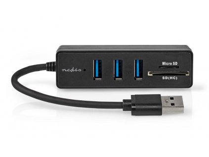 NEDIS USB hub/ zástrčka USB-A zástrčka/ 3x zásuvka USB-A/ 5 Portů/ USB 3.2 Gen 1/ 5 Gbps/ SD & MicroSD/ černý/ blistr