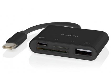 NEDIS USB hub/ 1x USB-C/ 1x USB-A/ 1x USB-C/ 4 porty port/ USB 2.0/ napájení z USB/ SD & MicroSD/ čerrný/ blistr