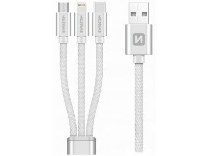 Swissten Datový kabel 3in1 MFi, 1,2 m, textilní, (micro USB, USB-C, Lightning) stříbrný