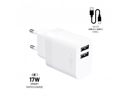 Set FIXED síťové nabíječky s 2xUSB výstupem a USB/USB-C kabelem, 1 metr, 17W Smart Rapid Charge, bílá