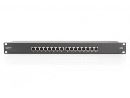 DIGITUS CAT 6, patch panel třídy E, stíněný, 16 portů RJ45, 8P8C, LSA, 1U, montáž do stojanu, černá, 482x44x109