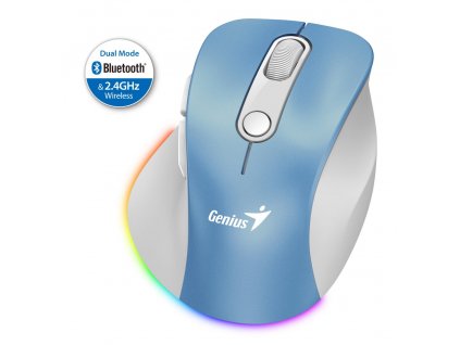 GENIUS Ergo 9000S Pro Light Blue/ duální Bluetooth + 2,4GHz/ 2400 dpi/ bezdrátová/ 6tlačítková/ dobíjecí/ RGB/ modrobílá