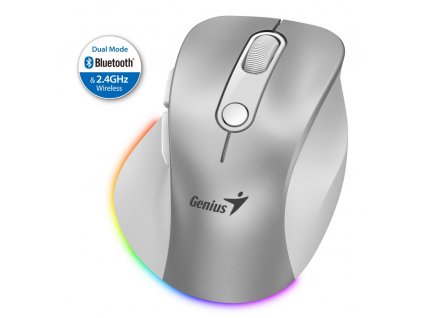 GENIUS Ergo 9000S Pro Silver/ duální Bluetooth + 2,4GHz/ 2400 dpi/ bezdrátová/ 6tlačítková/ dobíjecí/ RGB/ stříbrná