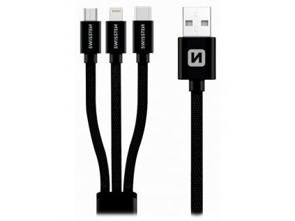 Swissten Datový kabel 3in1 MFi, 1,2 m, textilní, (micro USB, USB-C, Lightning) černý