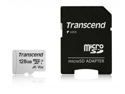 Transcend 128GB microSDXC 300S UHS-I U3 V30 A1 3D TLC (Class 10) paměťová karta (s adaptérem), 95MB/s R, 40MB/s W