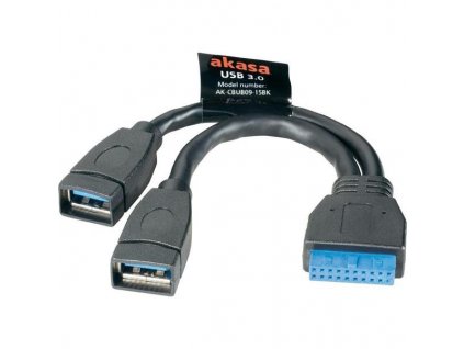 AKASA interní USB kabel USB 3.0 19pin na 2 x USB3.0 Typ-A(F) / AK-CBUB09-15BK / 15cm