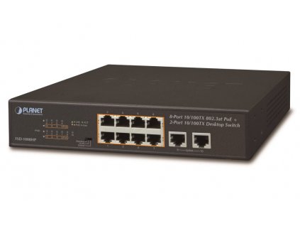 Planet FSD-1008HP PoE switch 10x 100Mb, 8xPoE 802.3at 30W/120W, VLAN, extend mód 10Mb/s do 250m, fanless