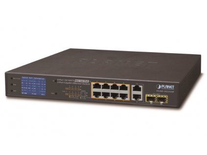 Planet FGSD-1022VHP PoE switch, 8x100, 2x1000-TP/SFP, LCD, VLAN, extend mód 10Mb do 250m, IEEE 802.3at<120W