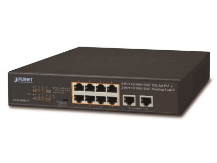 Planet GSD-1008HP, PoE switch 8x PoE 802.3at 120W+ 2x 1000Base-T, VLAN, extend mód 10Mb/s do 250m