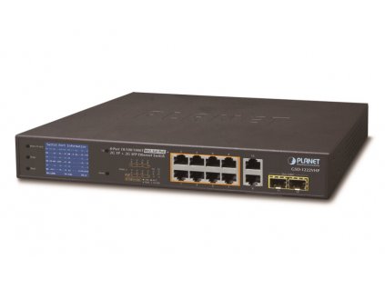 Planet GSD-1222VHP PoE switch, 8x PoE + 2x 1000Base-T + 2x SFP, LCD,VLAN, extend mód 10Mb do 250m, IEEE 802.3at 120W