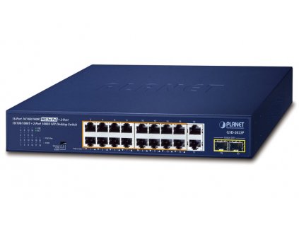 Planet PoE switch 18x1Gb + 2xSFP 1Gb, 16x PoE 802.3at 30/185W, VLAN, extend mód 10Mb-250m