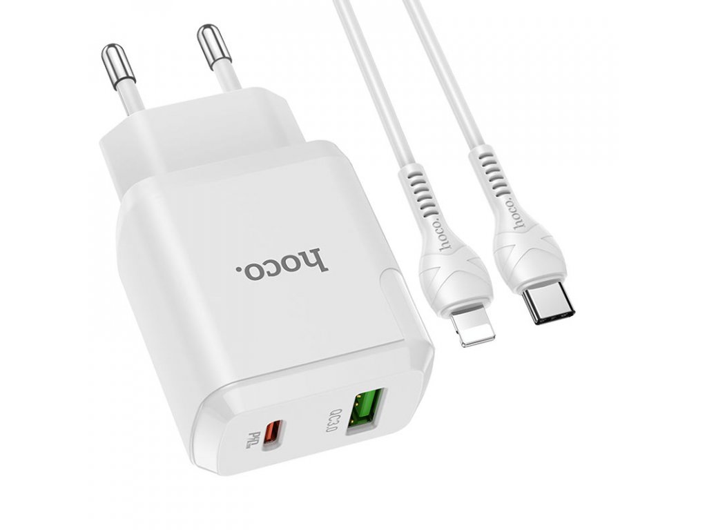 Rychlá nabíječka do sítě pro iPhone a iPad - Hoco, N5 Favor PD20W/QC3.0  White + Lightning kabel - iPouzdro.cz