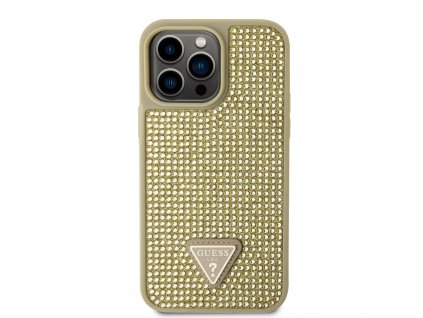 Ochranný kryt pro iPhone 14 Pro MAX - Guess, Rhinestones Triangle Metal Logo Gold