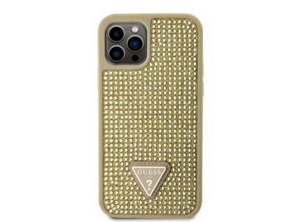 Ochranný kryt pro iPhone 12 / 12 Pro - Guess, Rhinestones Triangle Metal Logo Gold