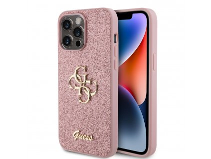 Ochranný kryt na iPhone 15 Pro MAX - Guess, Fixed Glitter 4G Metal Logo Pink