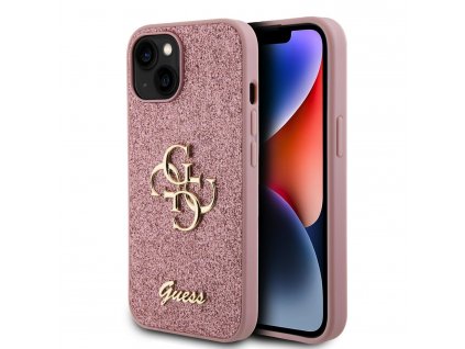 Ochranný kryt na iPhone 15 - Guess, Fixed Glitter 4G Metal Logo Pink