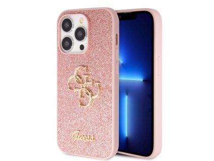 Ochranný kryt na iPhone 15 Pro - Guess, Fixed Glitter 4G Metal Logo Pink