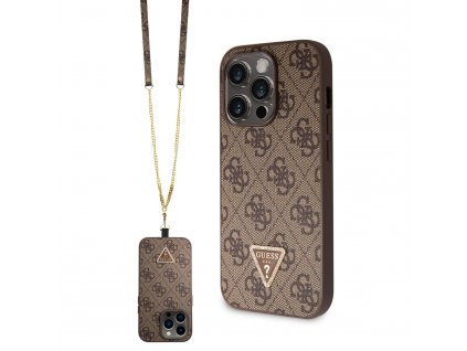 Ochranný kryt s crossbody popruhem pro iPhone 15 Pro - Guess, 4G Strass Triangle Metal Logo Brown