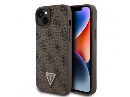 Ochranný kryt na iPhone 15 PLUS - Guess, 4G Strass Triangle Metal Logo Brown