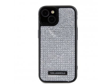Ochranný kryt na iPhone 15 - Karl Lagerfeld, Rhinestone Plate Metal Logo Silver