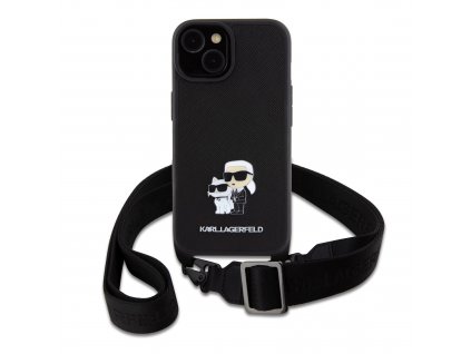 Ochranný kryt s crossbody popruhem pro iPhone 15 PLUS - Karl Lagerfeld, Saffiano Metal Karl and Choupette Black