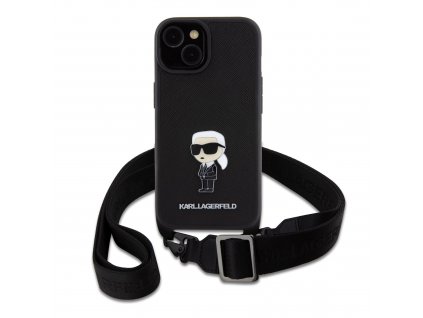Ochranný kryt s crossbody popruhem pro iPhone 15 PLUS - Karl Lagerfeld, Saffiano Metal Ikonik Black