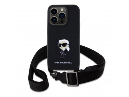 Ochranný kryt s crossbody popruhem pro iPhone 15 Pro - Karl Lagerfeld, Saffiano Metal Ikonik Black