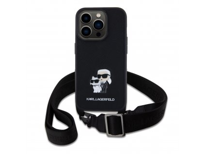 Ochranný kryt s crossbody popruhem pro iPhone 15 Pro - Karl Lagerfeld, Saffiano Metal Karl and Choupette Black