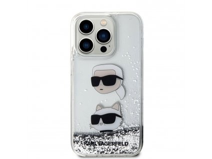 Ochranný kryt na iPhone 15 Pro MAX - Karl Lagerfeld, Liquid Glitter Karl and Choupette Head Silver
