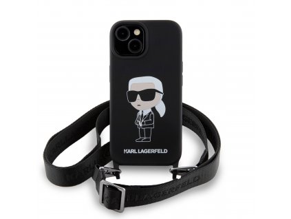 Ochranný kryt na iPhone 15 - Karl Lagerfeld, Liquid Silicone Crossbody Ikonik Black