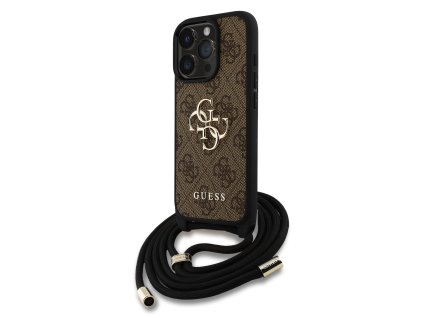 Ochranný kryt s crossbody popruhem na iPhone 15 Pro MAX - Guess, 4G PU Metal Logo Brown