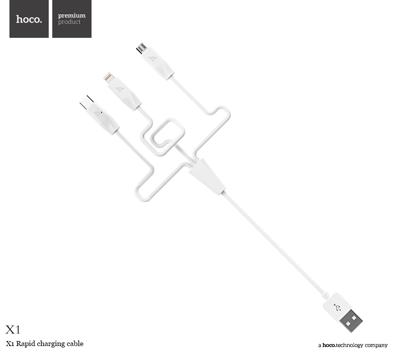 Kabel 3v1 - Hoco, X1 Rapid White (Lightning+Micro+Type-C)