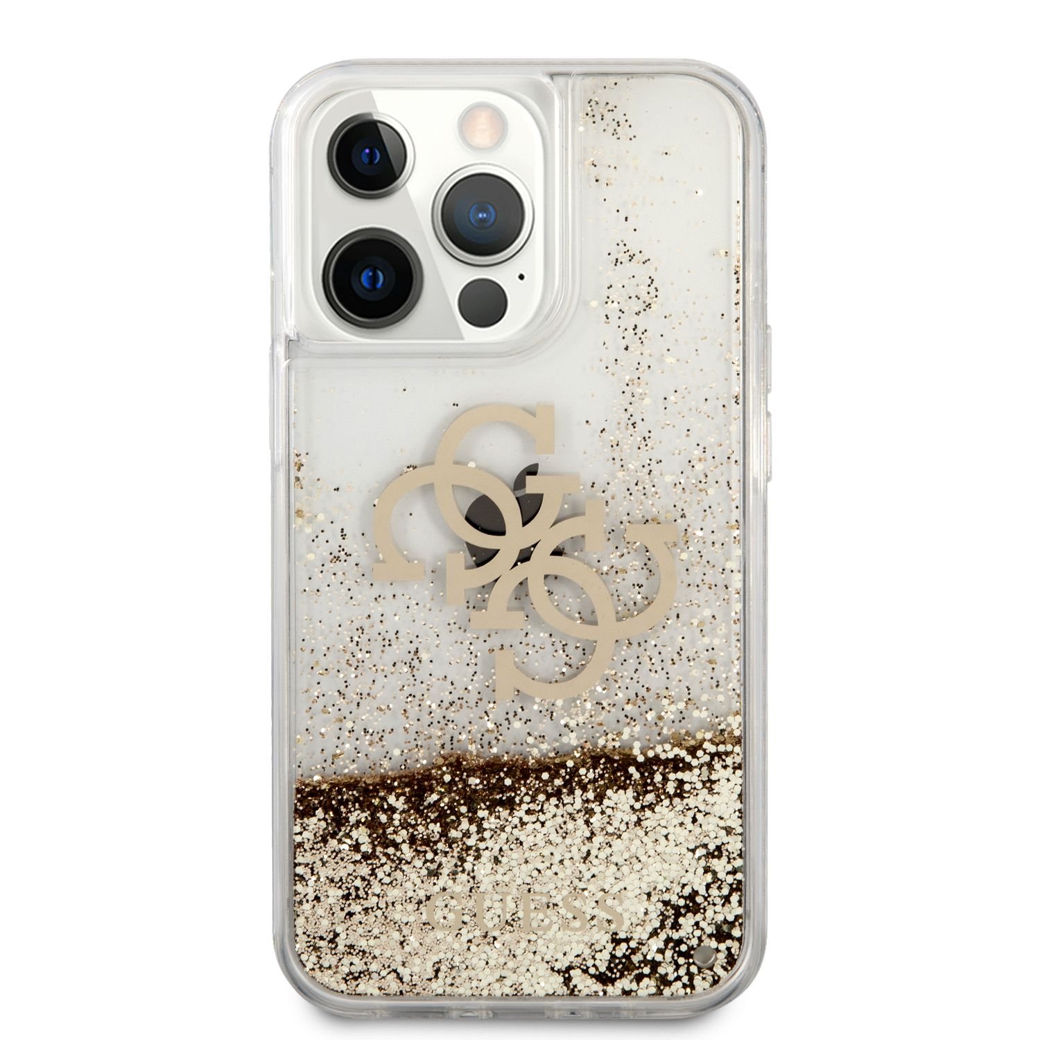 Ochranný kryt pro iPhone 13 Pro - Guess, Big 4G Liquid Glitter Gold