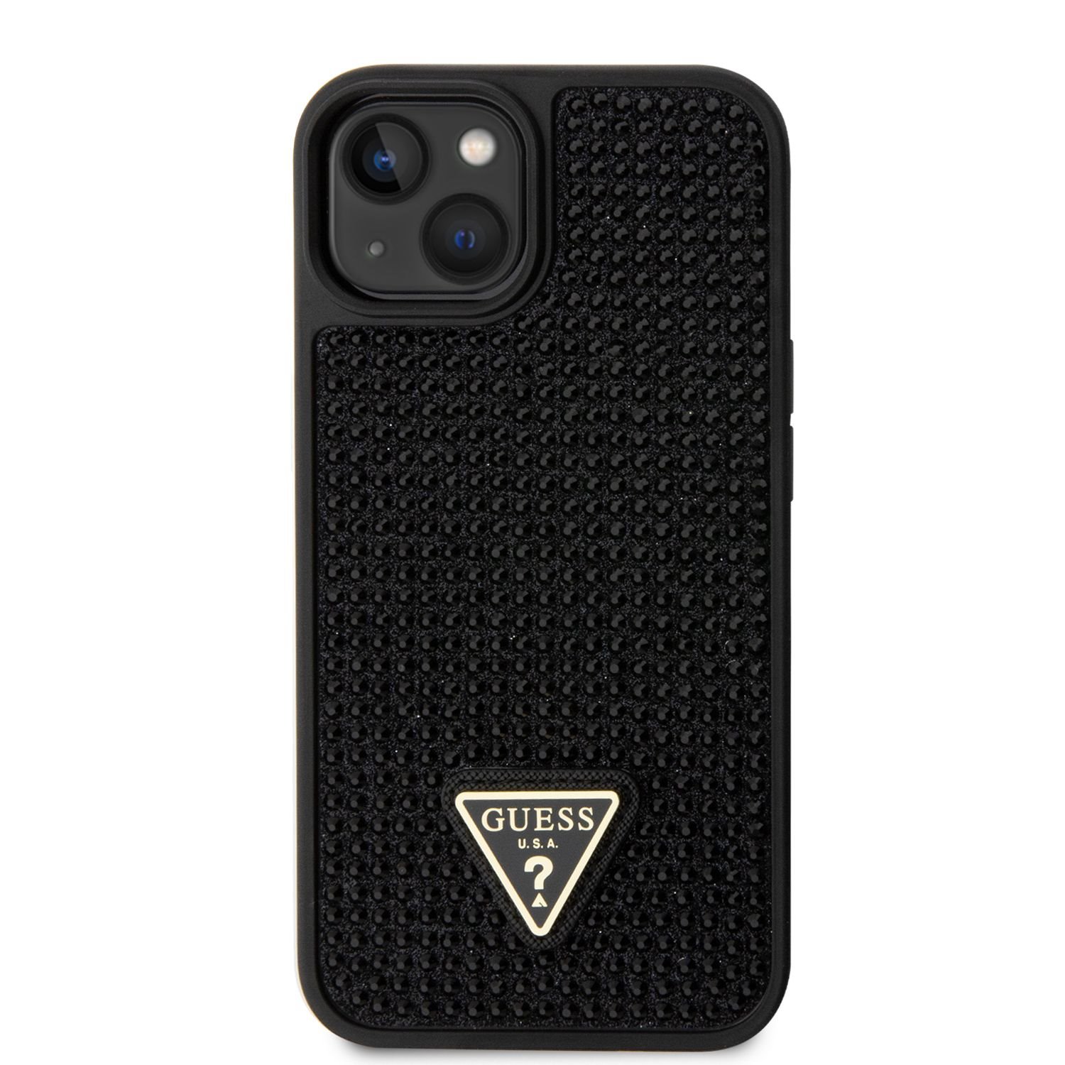 Ochranný kryt pro iPhone 14 - Guess, Rhinestones Triangle Metal Logo Black