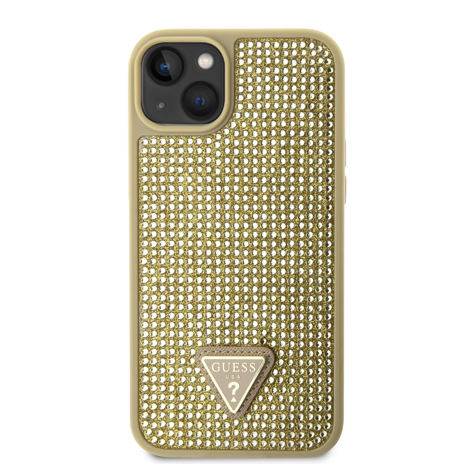 Ochranný kryt pro iPhone 14 - Guess, Rhinestones Triangle Metal Logo Gold