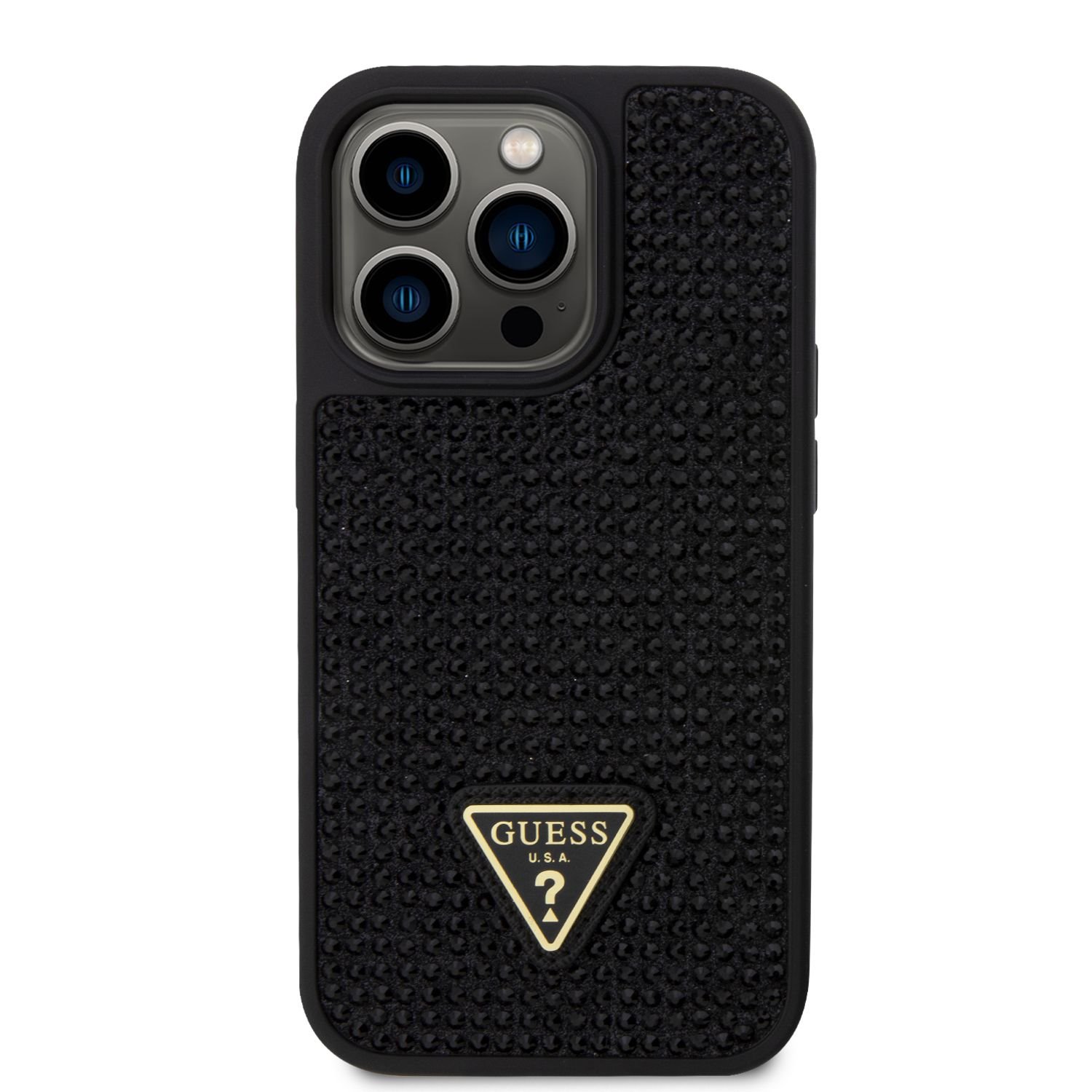 Ochranný kryt pro iPhone 14 Pro - Guess, Rhinestones Triangle Metal Logo Black
