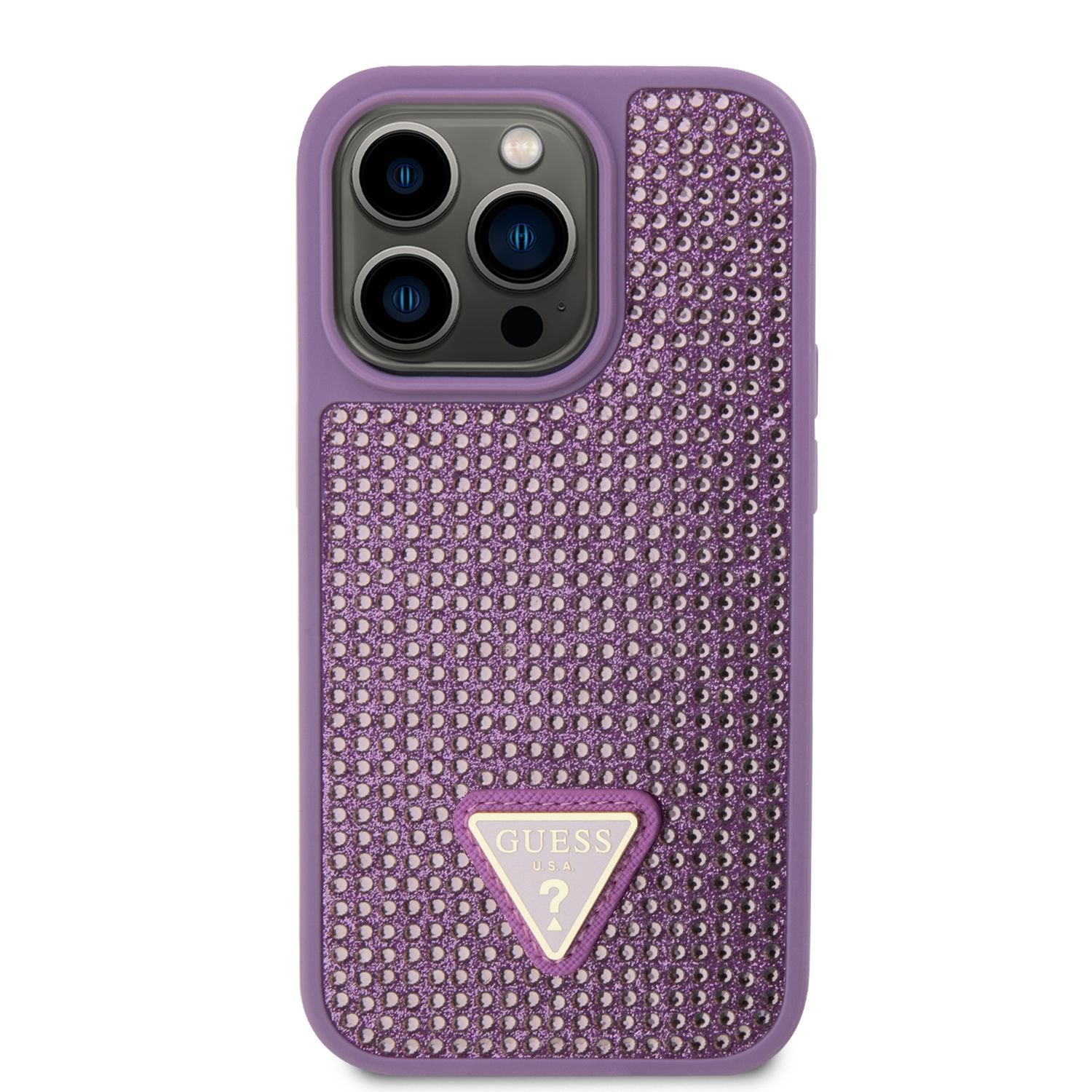 Ochranný kryt pro iPhone 14 Pro - Guess, Rhinestones Triangle Metal Logo Purple