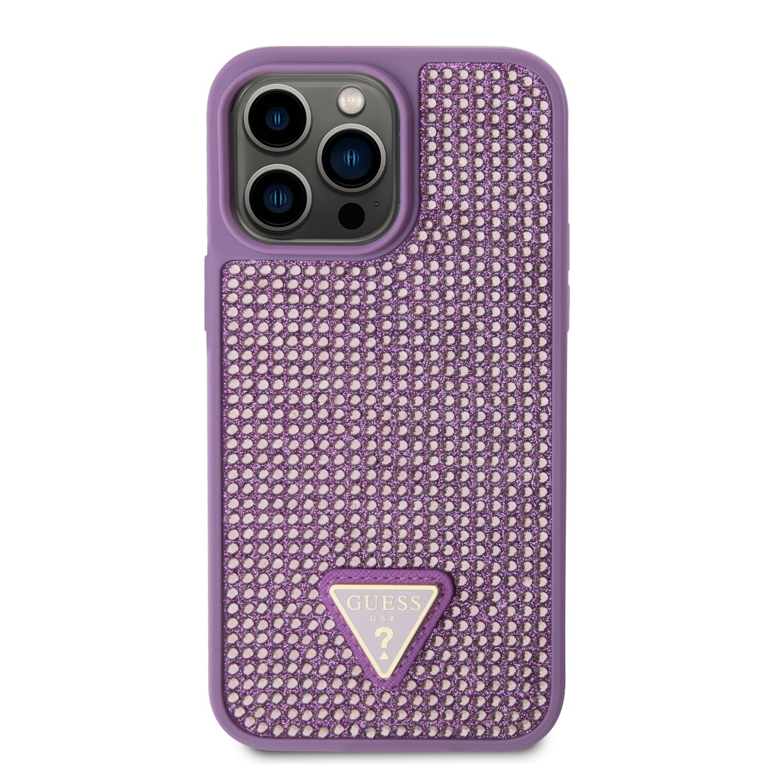 Ochranný kryt pro iPhone 14 Pro MAX - Guess, Rhinestones Triangle Metal Logo Purple
