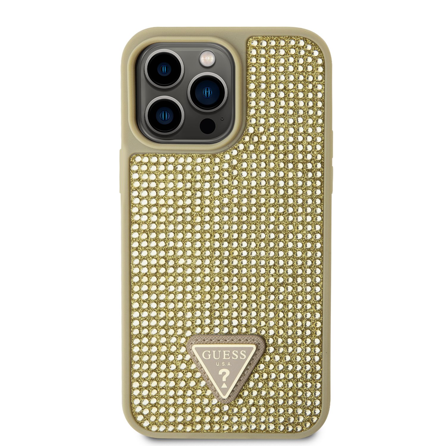 Ochranný kryt pro iPhone 14 Pro MAX - Guess, Rhinestones Triangle Metal Logo Gold