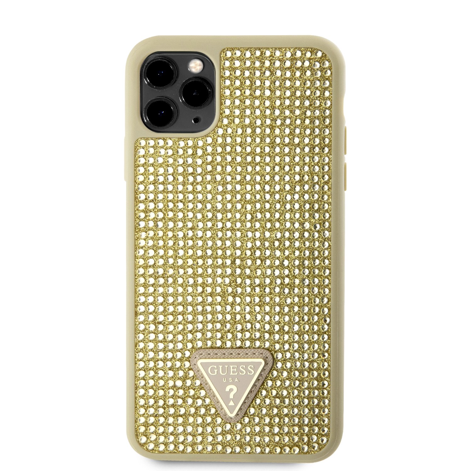 Ochranný kryt pro iPhone 11 Pro MAX - Guess, Rhinestones Triangle Metal Logo Gold