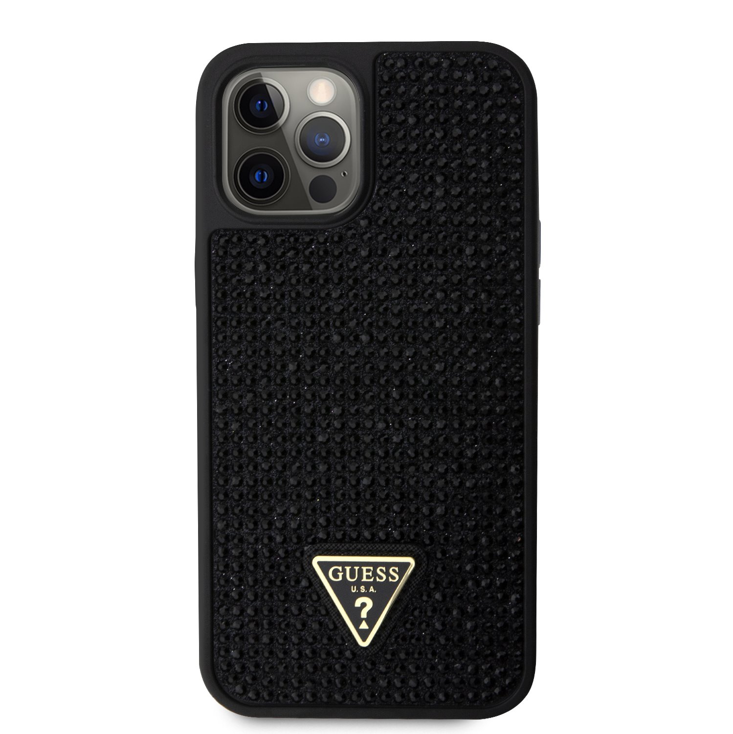 Ochranný kryt pro iPhone 12 Pro MAX - Guess, Rhinestones Triangle Metal Logo Black