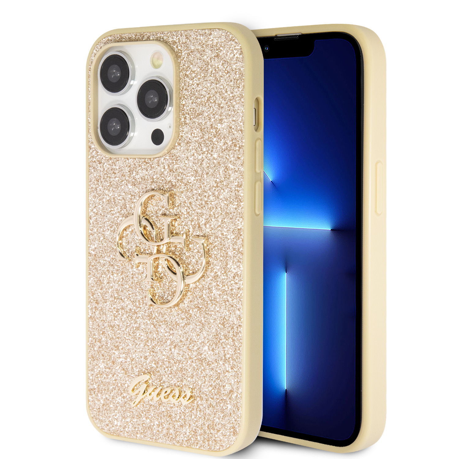 Ochranný kryt na iPhone 15 Pro MAX - Guess, Fixed Glitter 4G Metal Logo Gold