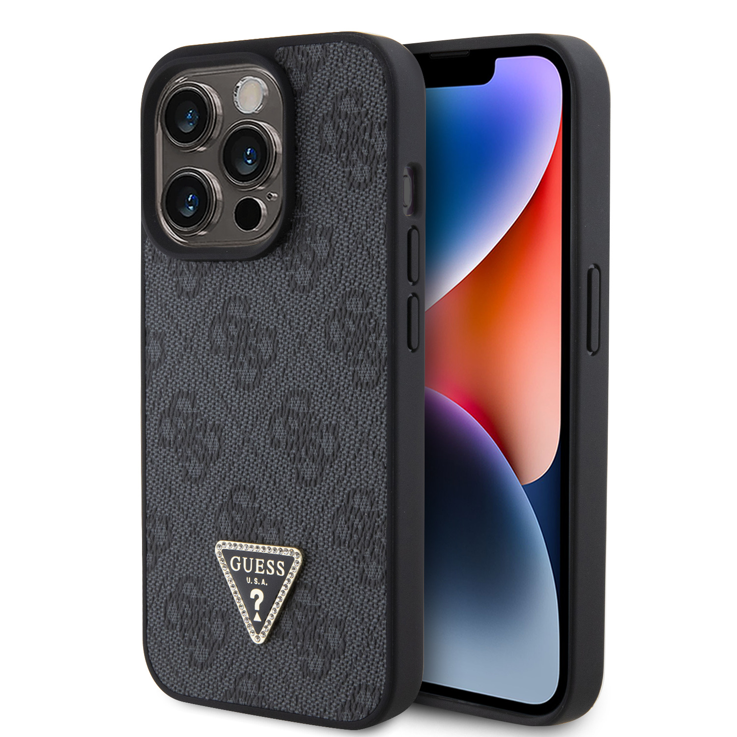 Ochranný kryt na iPhone 15 Pro - Guess, 4G Strass Triangle Metal Logo Black