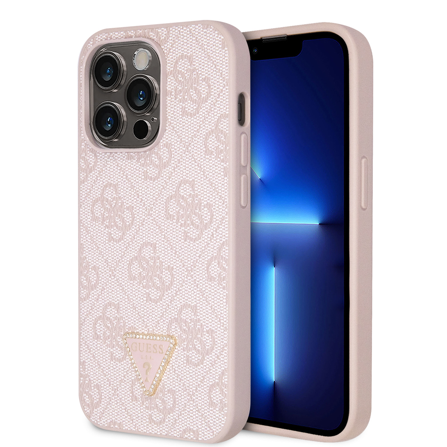 Ochranný kryt na iPhone 15 Pro - Guess, 4G Strass Triangle Metal Logo Pink