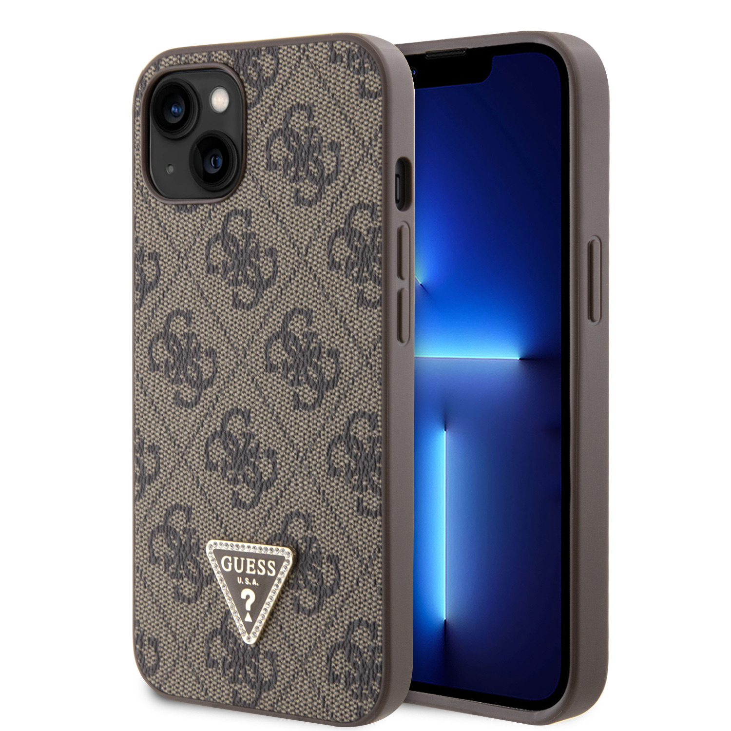Ochranný kryt na iPhone 15 - Guess, 4G Strass Triangle Metal Logo Brown