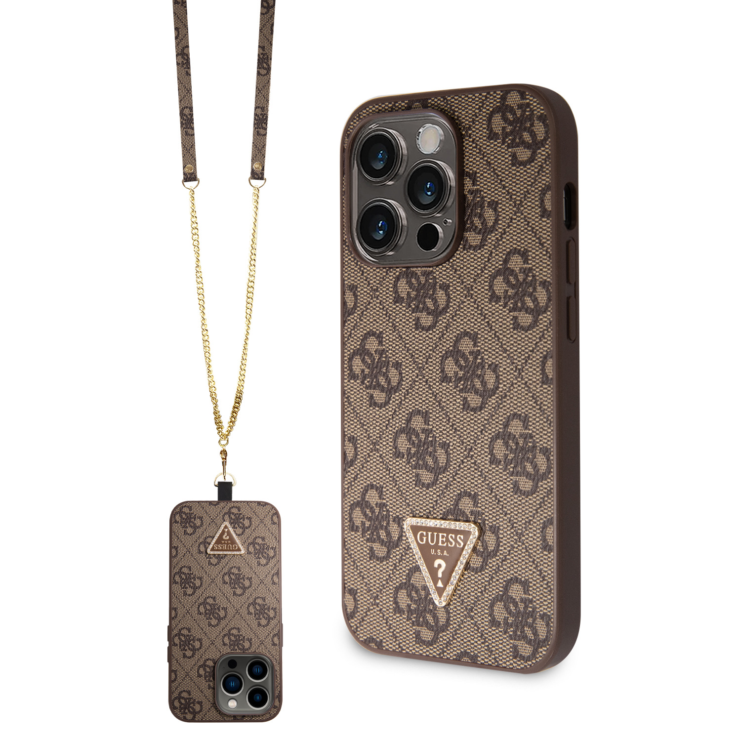 Ochranný kryt s crossbody popruhem pro iPhone 15 Pro - Guess, 4G Strass Triangle Metal Logo Brown