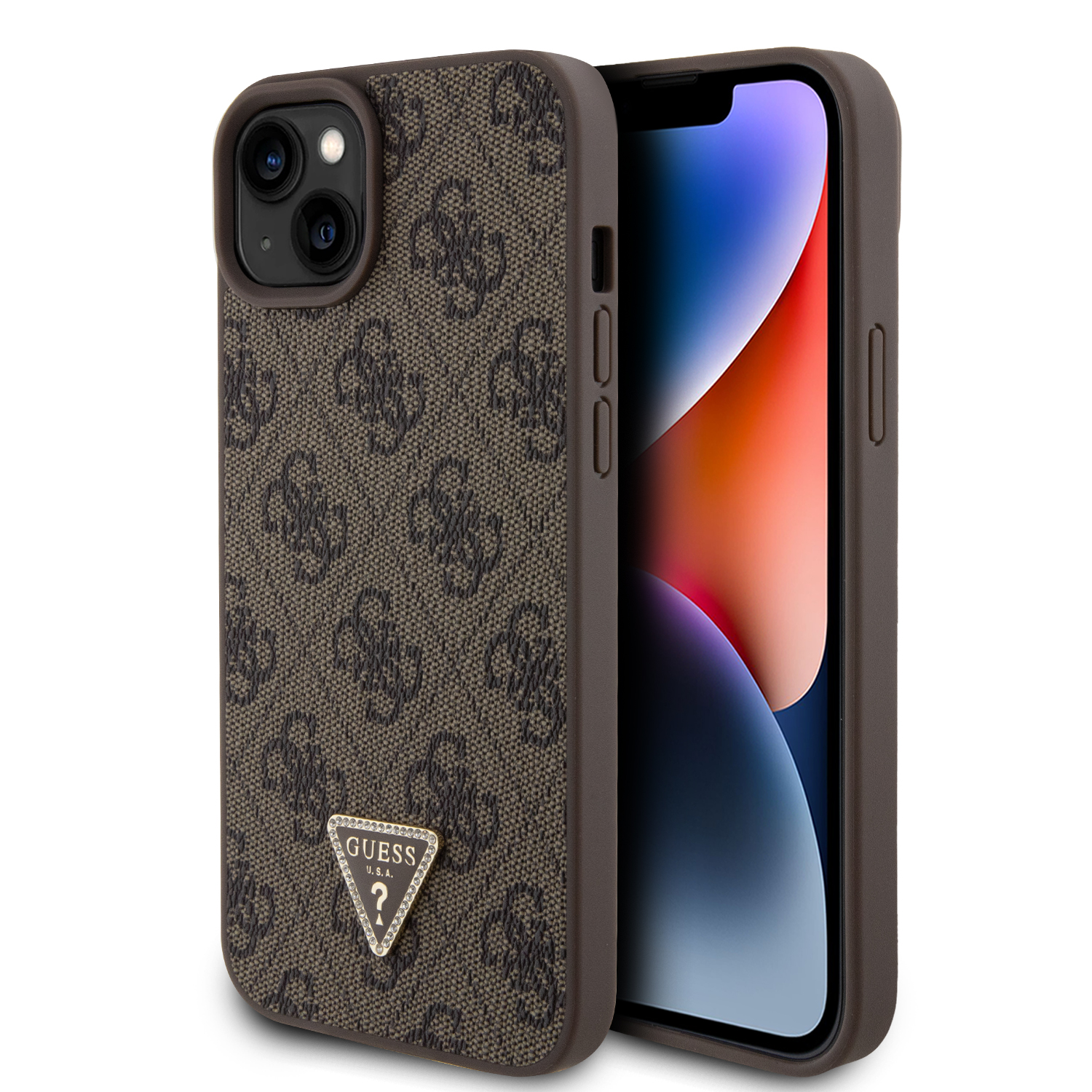 Ochranný kryt na iPhone 15 PLUS - Guess, 4G Strass Triangle Metal Logo Brown