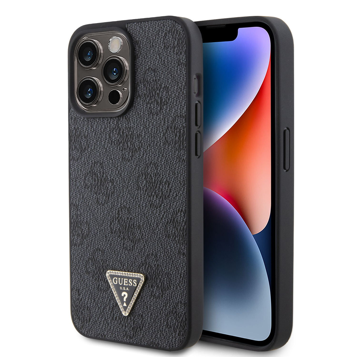 Ochranný kryt na iPhone 15 Pro MAX - Guess, 4G Strass Triangle Metal Logo Black