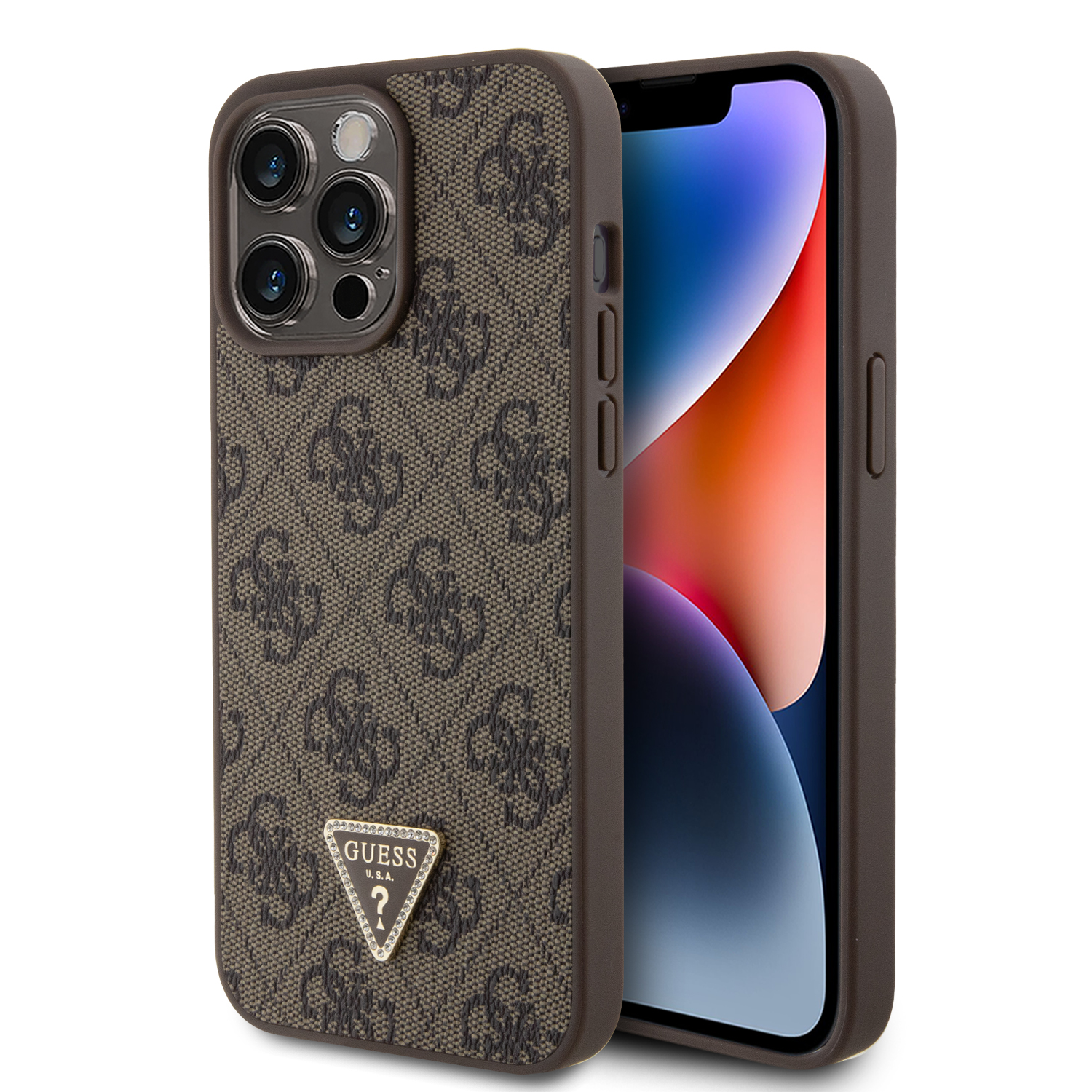 Ochranný kryt na iPhone 15 Pro MAX - Guess, 4G Strass Triangle Metal Logo Brown